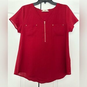 Miss Daisy Large Elegant Red V-Neck Blouse with Zipper